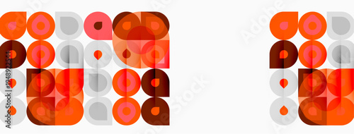 Abstract geometric pattern. Squares, circles overlap creating retro aesthetic. Warm orange, red hues dominate design. Simple, modern.