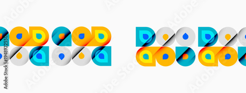 Colorful geometric shapes repeat horizontally. Circles, squares, triangles form patterns. Bright hues create visual interest. Simple design.