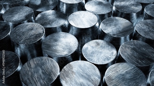 The metallic cylinders arranged in a textured industrial pattern with dramatic lighting