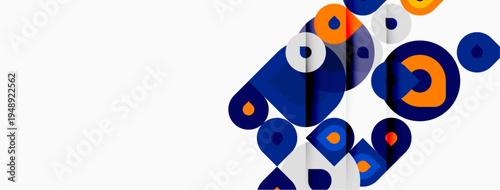 Abstract geometric shapes overlap, creating dynamic composition. Blue, orange, white colors dominate design. Modern, playful aesthetic.