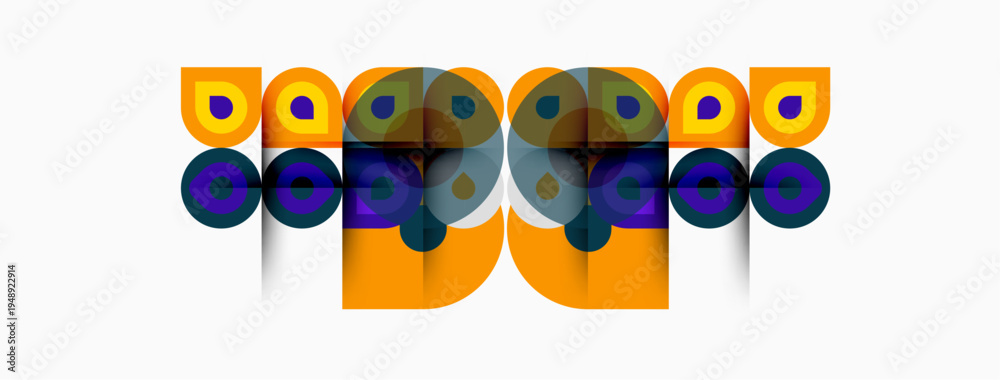 Fototapeta premium Abstract graphic features repeating owl shapes. Orange, blue, green hues dominate design. Minimalist style, symmetrical composition.