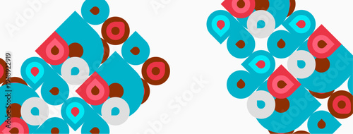 Abstract geometric pattern. Shapes overlap, creating vibrant visual texture. Red, teal, brown hues dominate design. Simple, modern aesthetic.