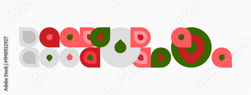 Abstract geometric shapes, circles, squares, red, green, beige colors. Minimalist design, flat illustration, simple composition.