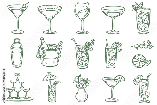 Hand drawn cocktail and drink doodle set with martini, margarita, wine glasses, shaker, and tropical drinks. Vintage bar illustration perfect for menus, party designs, restaurant branding, and beverag