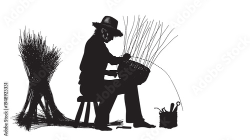 Basket weaver in silhouette, crafting with reeds and tools, surrounded by materials on a white background.