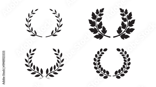 Laurel wreath icons with simple black silhouettes representing achievement and victory, presented as a set.