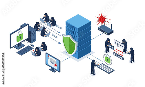 Cybersecurity isometric concept with hackers, server, and network protection.