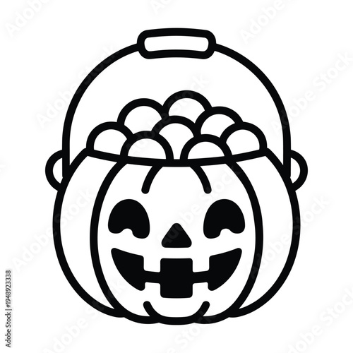Halloween pumpkin bucket filled with candy, trick or treat icon, cute spooky design element