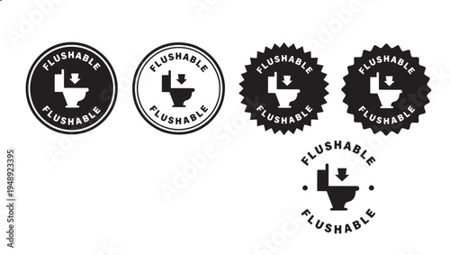 Toilet icons with flushable text and down arrow symbols, displayed in multiple circular and starburst badge designs, suggesting disposal options for