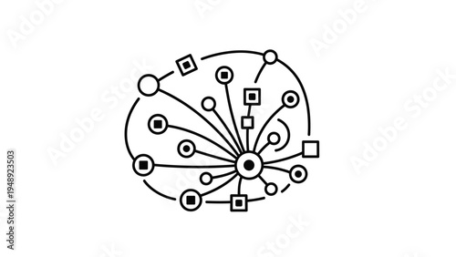 Abstract circular network of connected nodes and shapes representing data flow, social media links, or complex technological systems.