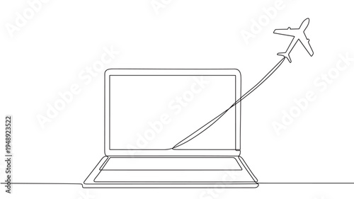 Laptop with minimalist single line illustration of an airplane taking off from the screen symbolizing travel booking or remote work