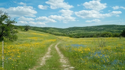 A Texas hill country scene with rolling hills, ranches, and wildflowers in bloom.