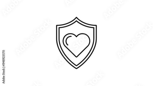 Thin line icon of a heart on a shield representing healthcare protection, medical safety, and insurance coverage concepts.