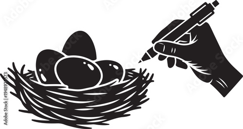 Hand drawing eggs in a nest with a marker