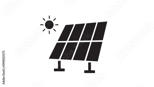 Solar panels generating clean energy under a bright sun symbol representing renewable power and environmental sustainability.