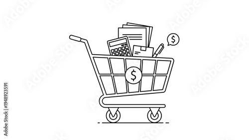Full shopping cart with business files, a calculator, and money symbols representing commercial expenses and budget procurement.