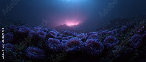 Deep ocean floor glows with violet anemones
