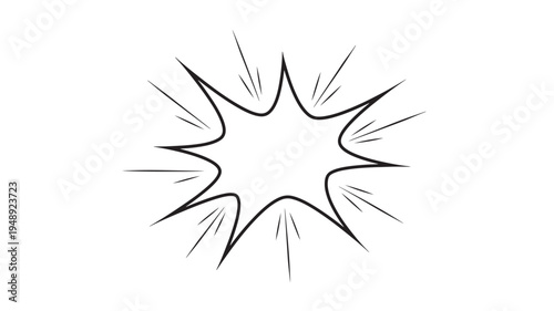 Speech bubble hand drawn explosion shape with radiating lines in black and white, perfect for comic book dialogue and sound effects.