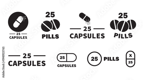 Capsule and pill icons set featuring the number 25, representing dosage quantities for medication. featuring icon, quantity, medicine with health and