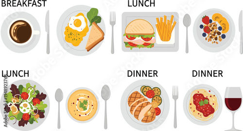 Breakfast, Lunch, and Dinner Vector Set Featuring Eggs, Sandwiches, Salads, Pasta, and Wine for Menu Design, Food Blogs, and Culinary Illustrations