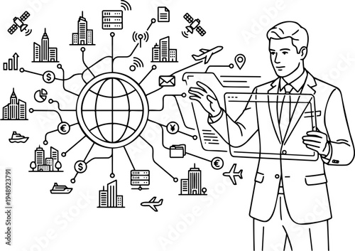 Line art vector of businessman, global network and digital hologram screen