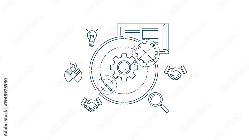 Obraz premium Integrated business ecosystem with icons for ideas partnerships mechanics and research organized around a central target.