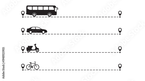 Bus, car, scooter, and bicycle icons with location pins and dashed travel lines across a white background