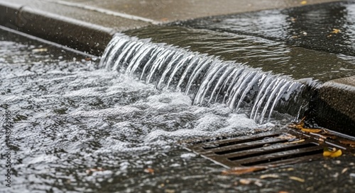 Storm drainage overflowing with rainwater on street surface creating flowing water stream. Heavy rainfall leads to storm drain overflow, causing water accumulation on urban roads.