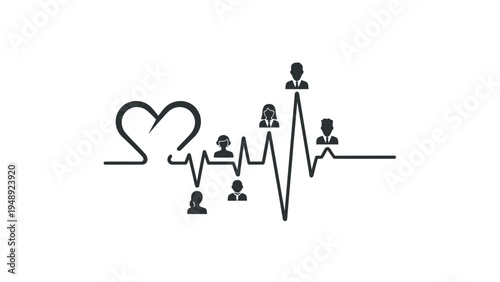 Healthcare staffing or community health concept with people icons placed along a heartbeat line starting from a heart.