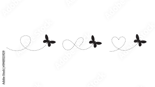 Butterflies flying in formation forming a dashed infinity symbol and heart shapes on white background