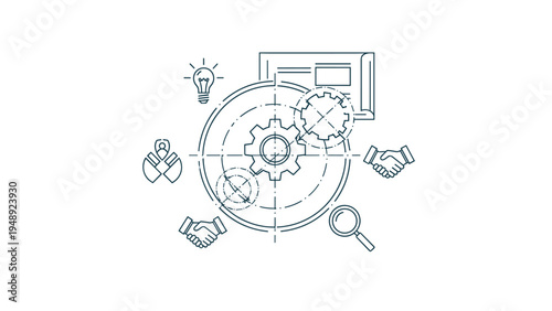Integrated business ecosystem with icons for ideas partnerships mechanics and research organized around a central target.