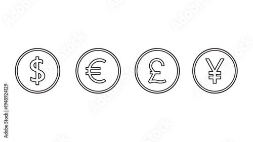 Coins featuring currency symbols like Dollar, Euro, Pound, and Yen are depicted in a simple outline style.