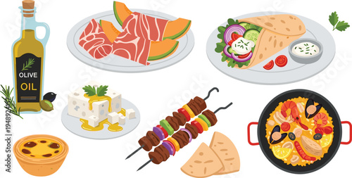 Mediterranean Cuisine Vector Set Featuring Olive Oil, Cheese, Grilled Meat, and Paella for Menu Design, Food Blogs, and Restaurant Illustrations