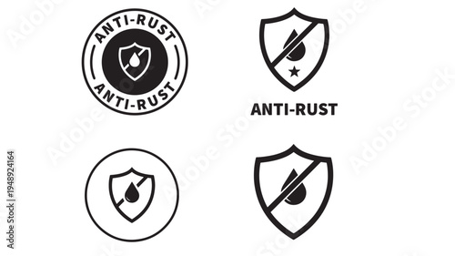 Shields with drop icons and anti rust text in various styles, representing protection against corrosion and moisture.