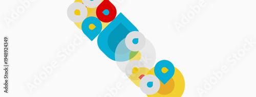 Colorful overlapping circles form abstract text. Bright hues create playful composition. Simple shapes suggest modern design elements.