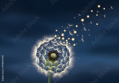 Dandelion releasing seeds into dark night sky with stars  