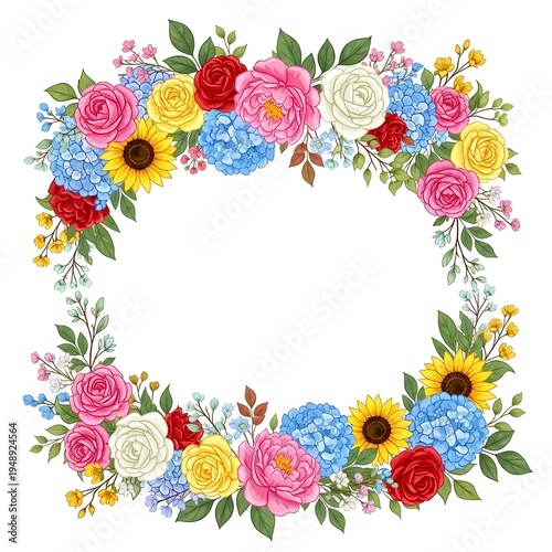 Circular frame of mixed flowers including roses, sunflowers, and hydrangeas