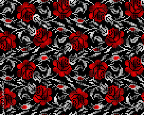 Seamless Ukrainian embroidery vector pattern with traditional vyshyvanka floral ornament. Red and black flowers with decorative branches and leaves 