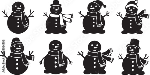 Eight Black Snowmen in Various Winter Hats and Scarves