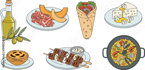 Mediterranean Food Vector Set Featuring Olive Oil, Cured Meat, Pita, Skewers, and Paella for Culinary Designs, Restaurant Menus, and Food Illustrations