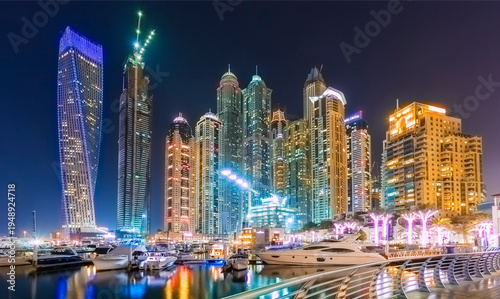 Aerial View of Dubai Marina Skyline, Luxury Waterfront Hotels and Residential Towers, UAE