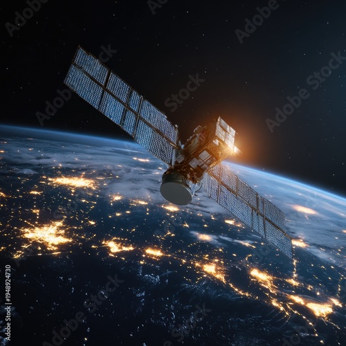 A satellite orbiting Earth with city lights visible. Spacecraft detail with solar panels