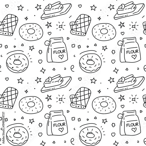 Hand Drawn Seamless Baking Pattern with Donut, Flour Bag, Oven Mitt and Rolling Pin