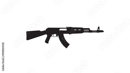 Assault rifle silhouette with iconic curved magazine and rifle stock, isolated on a white background for graphic design.