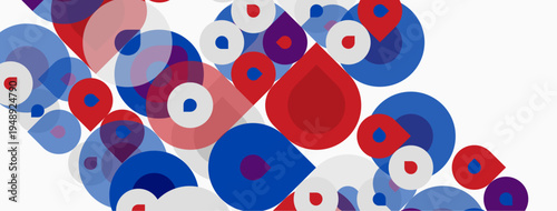 Abstract composition featuring overlapping circles. Red, blue, white hues create dynamic visual texture. Modern design elements present playful geometry.