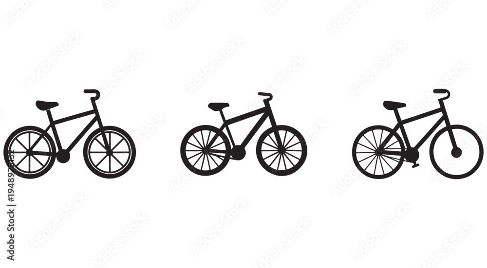 Fototapeta premium Bicycle silhouettes in different positions three black bike icons side by side on white background