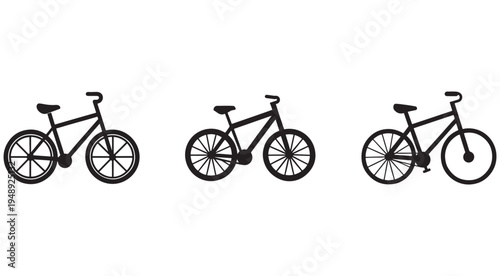Bicycle silhouettes in different positions  three black bike icons side by side on white background