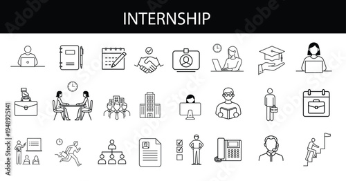 Internship and Career Development Icon Set - Black Line art Vectors for Business Onboarding, Employment, and Professional Training