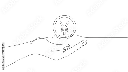 Yen currency symbol coin held in a minimalist black continuous line drawing hand, representing financial concepts.