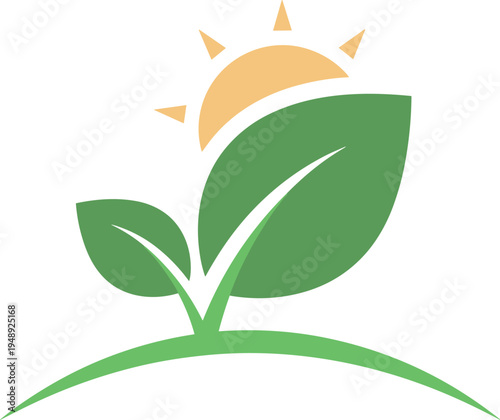 Eco friendly plant growth logo with green leaves and rising sun minimal flat nature sustainability concept icon design